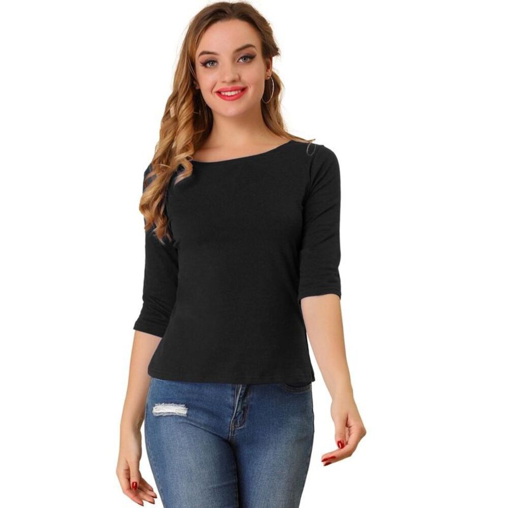 Women's Classic Solid Elbow Sleeves Round Neck Slim Fit T-Shirts Medium Black